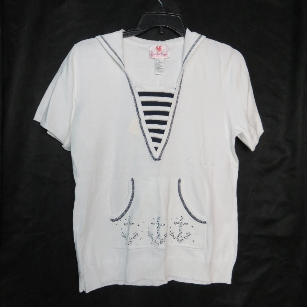 QVC Nautical L Sweater Hoodie Pockets Short Sleeve - Picture 2 of 6